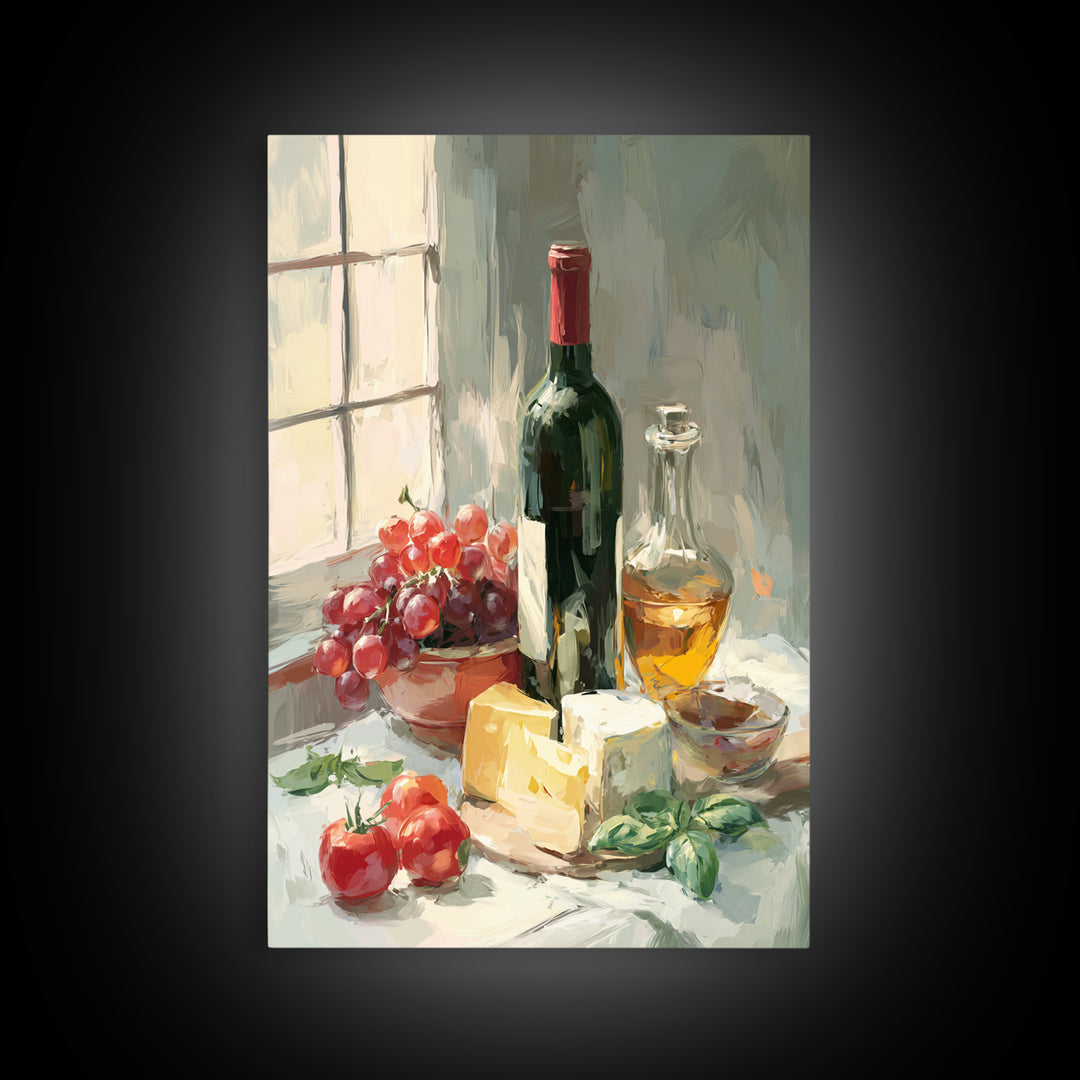 Wine Bottle Grapes and Cheese Still Life Framed Canvas Print, Kitchen Art, Digital Art, Kitchen Decor, Fine Art, Kitchen, KIT-2x3-68