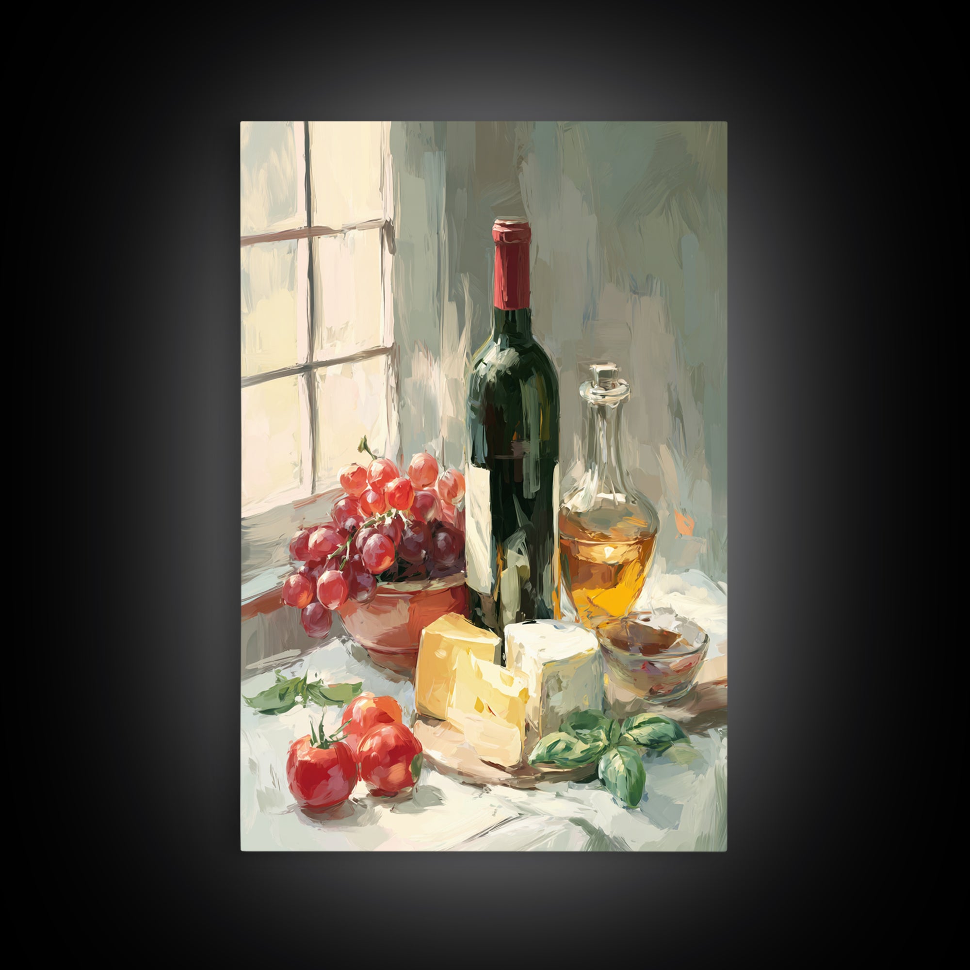 Wine Bottle Grapes and Cheese Still Life Framed Canvas Print, Kitchen Art, Digital Art, Kitchen Decor, Fine Art, Kitchen, KIT-2x3-68