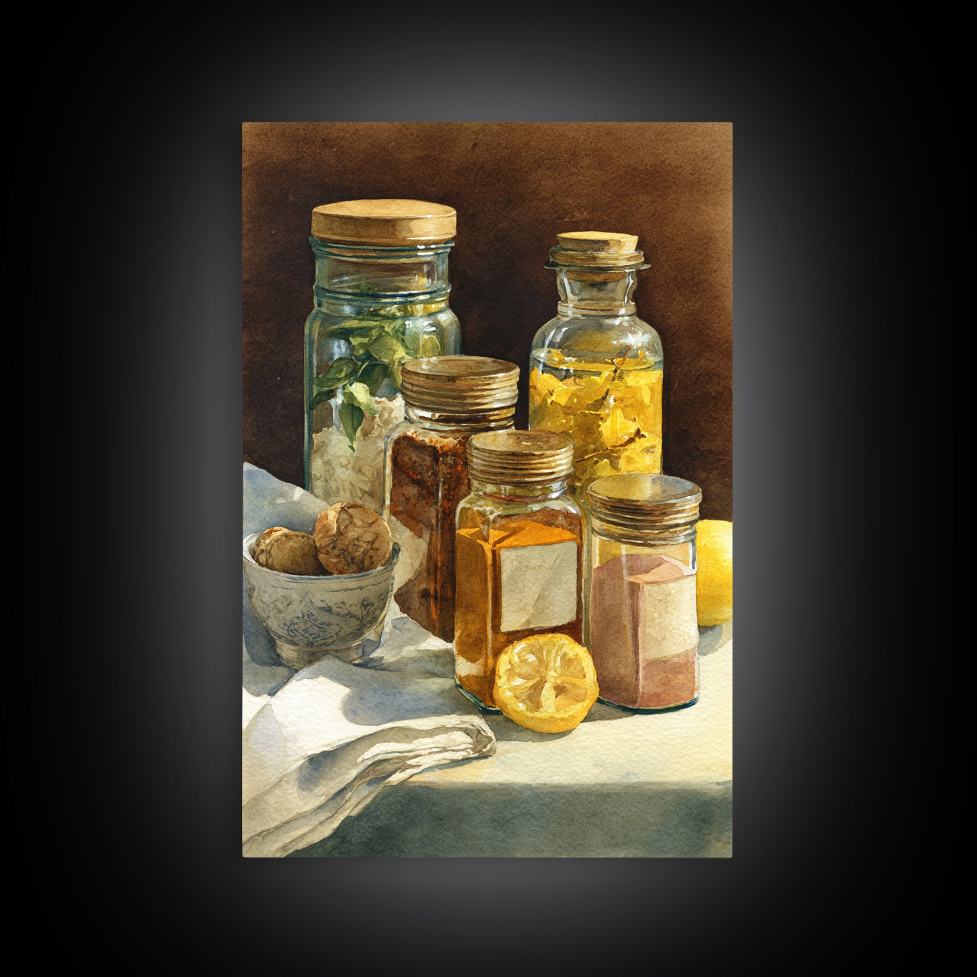 Watercolor Spice Jars Without Readable Labels Framed Canvas Print, Kitchen Art, Art Deco, Kitchen Decor, Fine Art, Kitchen, KIT-2x3-69