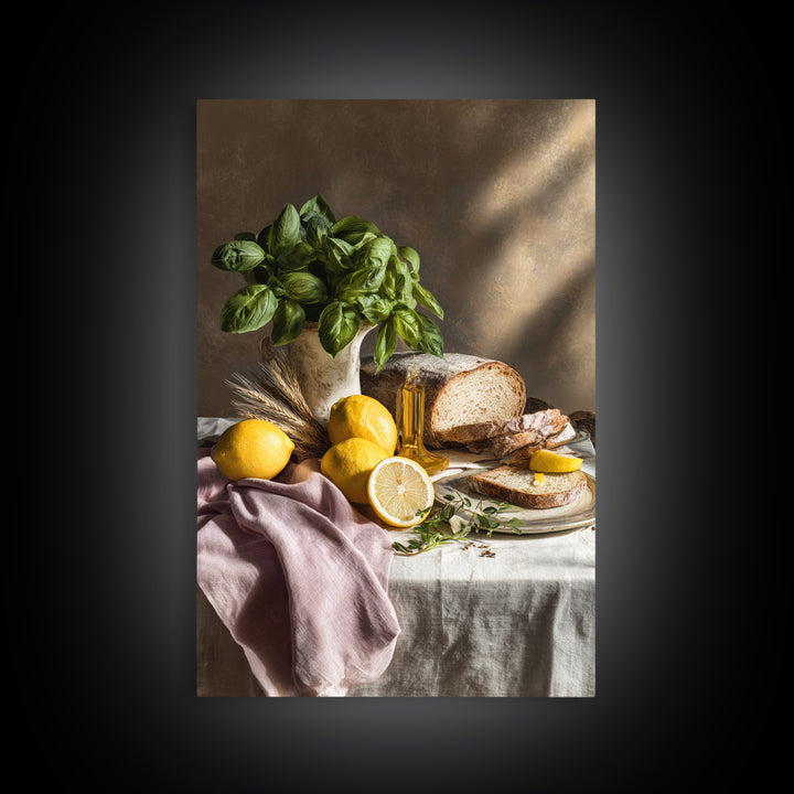 Pasta Lemons and Basil Mediterranean Still Life Framed Canvas Print, Kitchen Art, Kitchen Decor, Kitchen, Trendy Wall Art, KIT-2x3-73