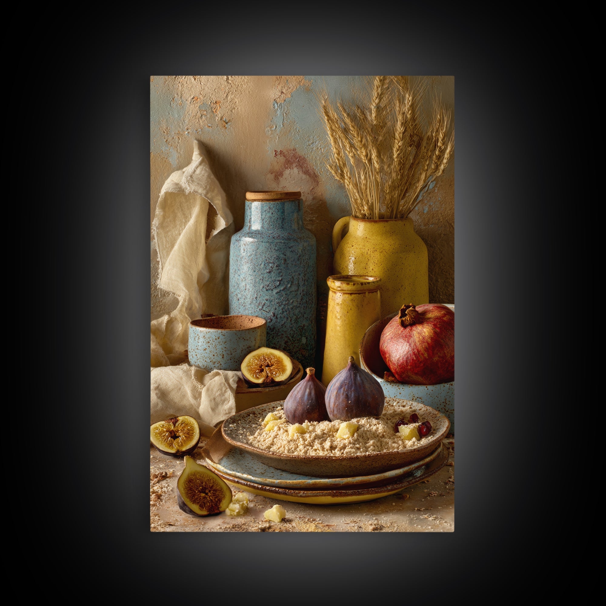 Figs Pomegranates and Linen Composition Framed Canvas Print, Kitchen Art, Wall Decor, Kitchen Decor, Abstract Art, Kitchen, KIT-2x3-78