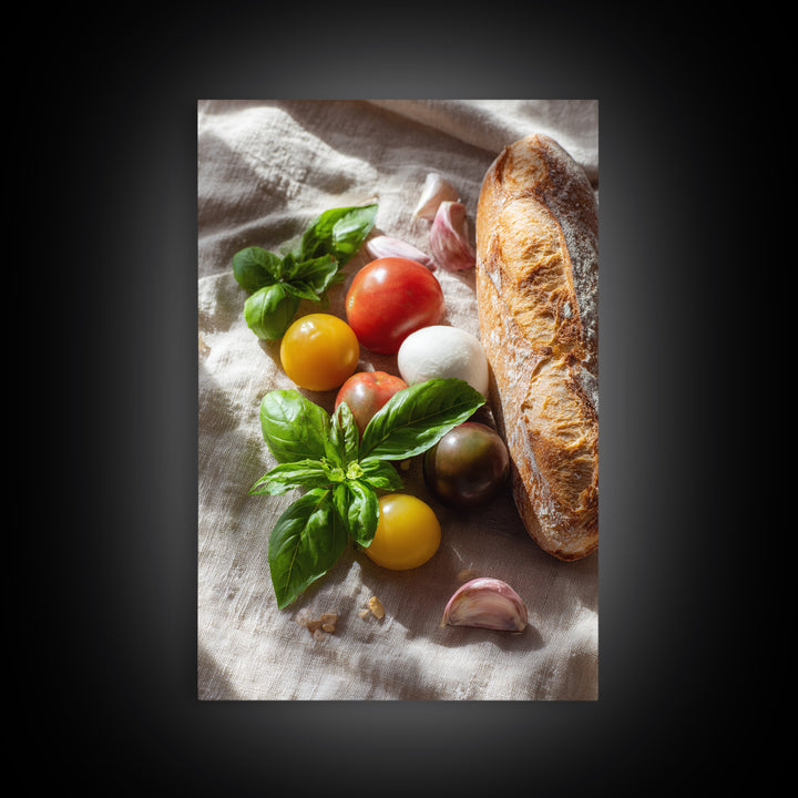 Tomatoes Garlic and Basil on Linen Framed Canvas Print, Kitchen Art, Printable Art, Kitchen Decor, Fine Art, Kitchen, KIT-2x3-83