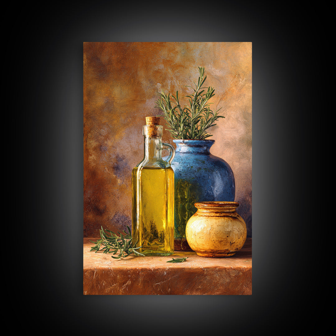 Olive Oil Bottle and Rosemary Branch Framed Canvas Print, Kitchen Art, Printable Art, Kitchen Decor, Oil Painting, Kitchen, KIT-2x3-85
