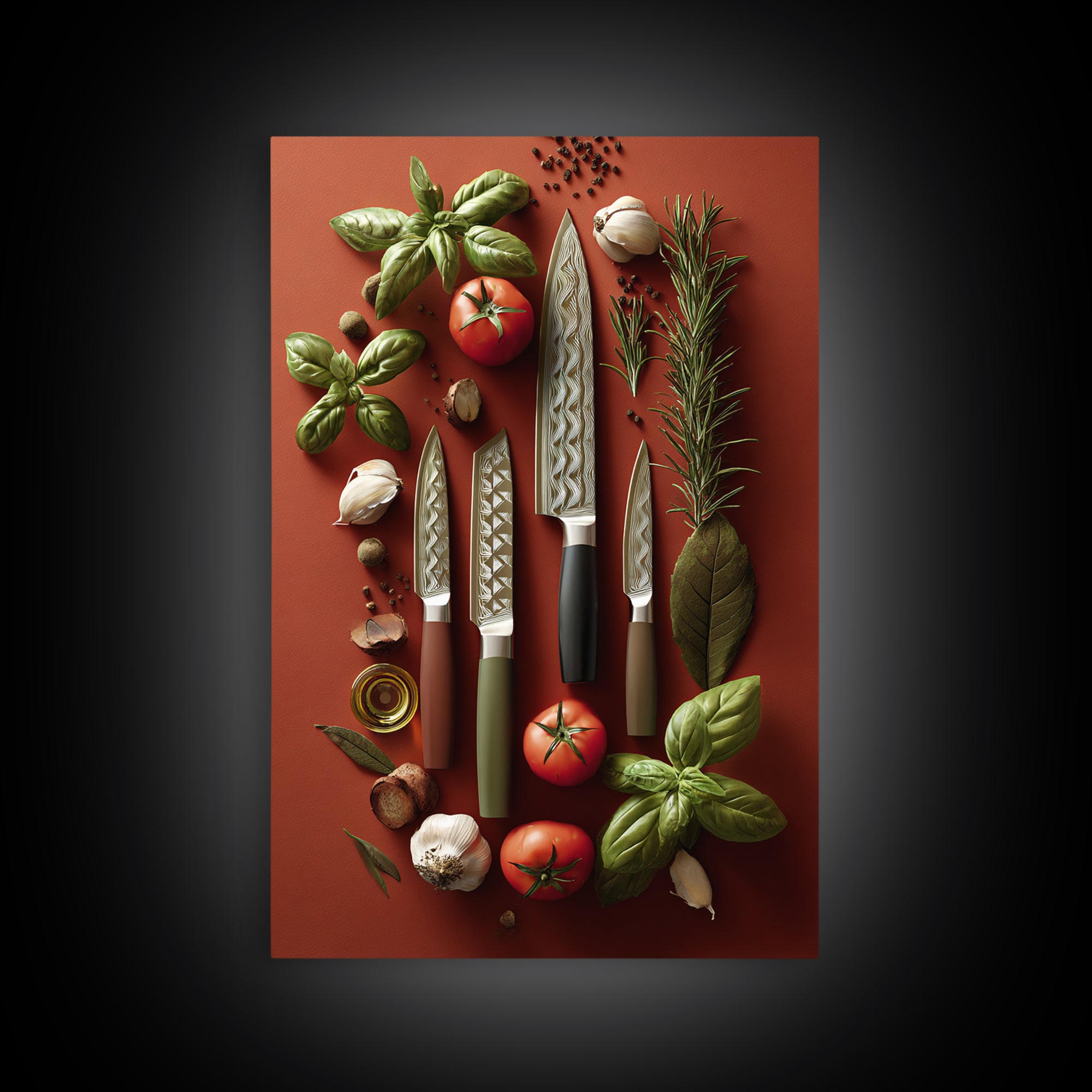 Chef Knives and Herbs Arranged as Graphic Framed Canvas Print, Kitchen Art, Art Prints, Kitchen Decor, Fine Art, Kitchen, KIT-2x3-90