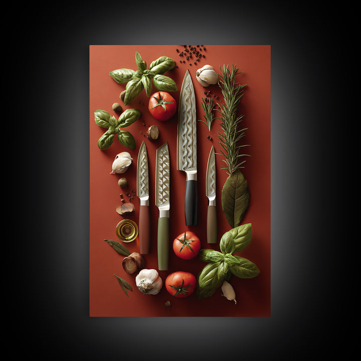 Chef Knives and Herbs Arranged as Graphic Framed Canvas Print, Kitchen Art, Art Prints, Kitchen Decor, Fine Art, Kitchen, KIT-2x3-90
