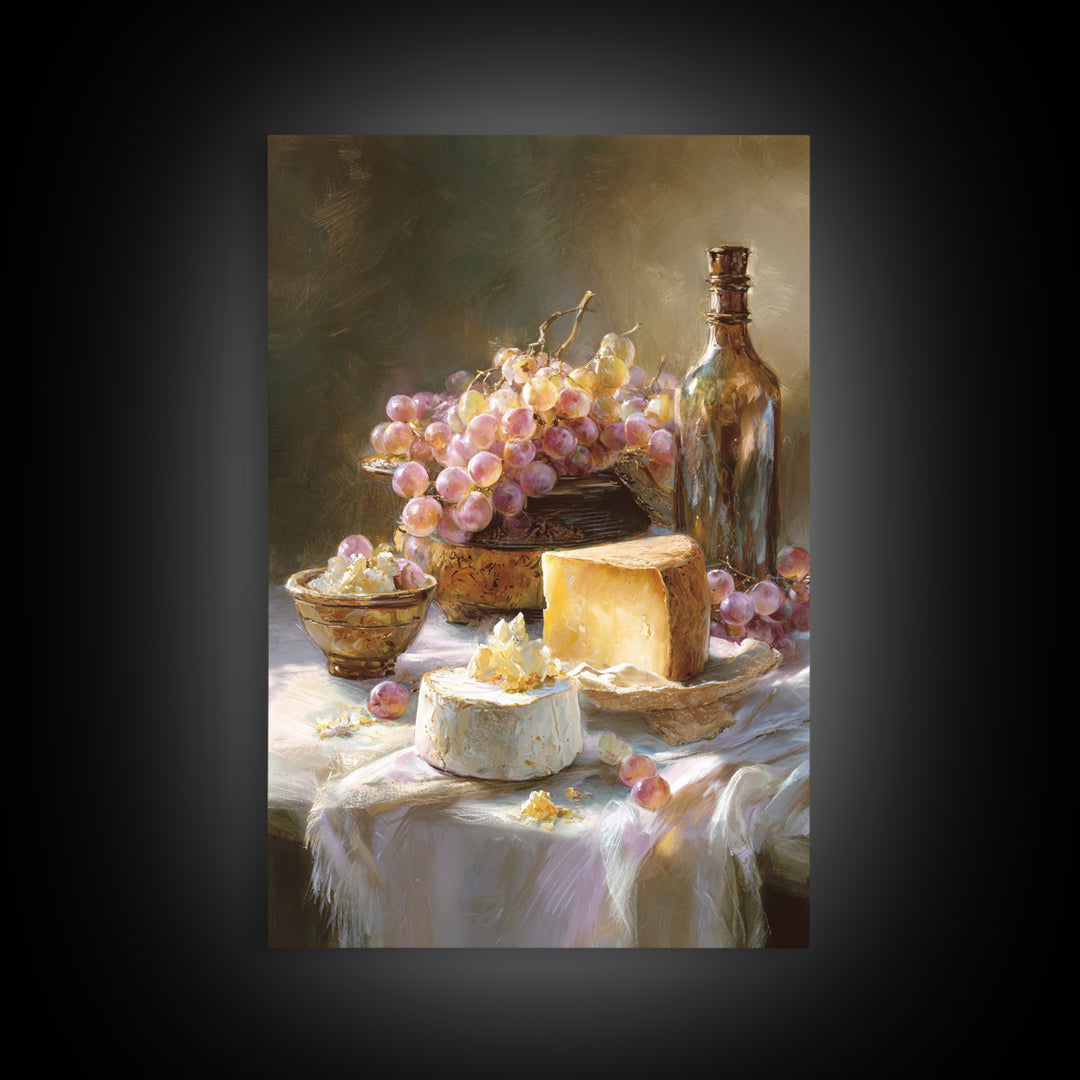 Wine Bottle Grapes and Cheese Still Life Framed Canvas Print, Kitchen Art, Gallery Decor, Kitchen Decor, Abstract Art, Kitchen, KIT-2x3-92