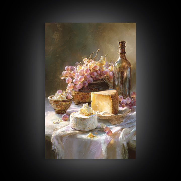 Wine Bottle Grapes and Cheese Still Life Framed Canvas Print, Kitchen Art, Gallery Decor, Kitchen Decor, Abstract Art, Kitchen, KIT-2x3-92