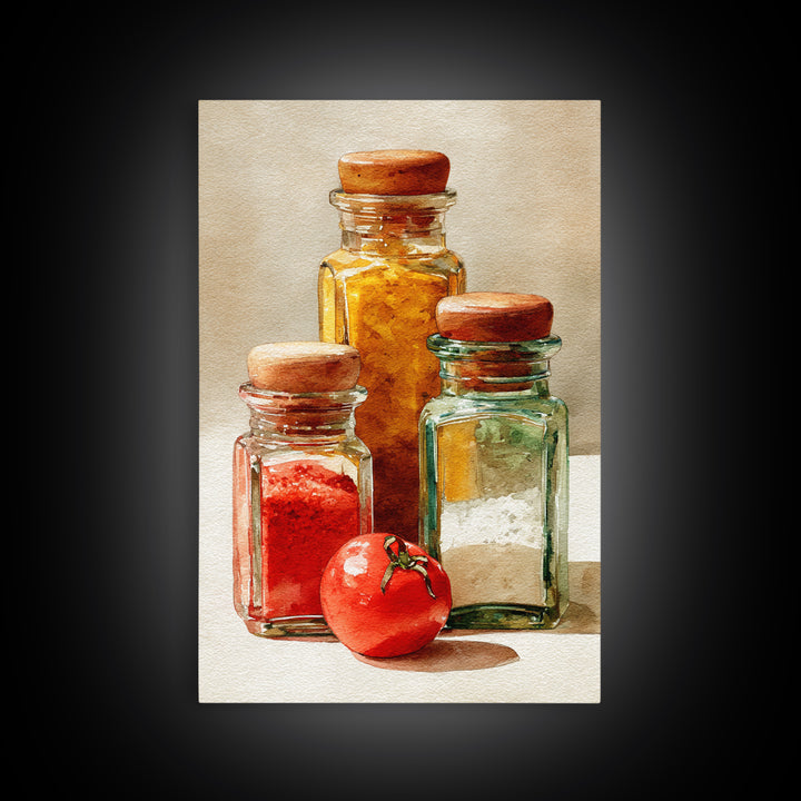 Watercolor Spice Jars Without Readable Labels Framed Canvas Print, Kitchen Art, Art Deco, Kitchen Decor, Fine Art, Kitchen, KIT-2x3-93