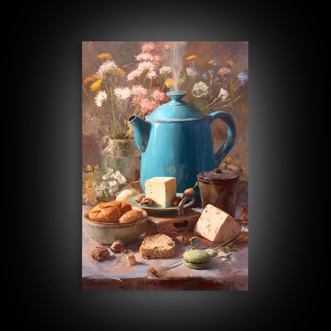 Tea Kettle with Steam and Wildflowers Framed Canvas Print, Kitchen Art, Digital Art, Kitchen Decor, Watercolor Art, Kitchen, KIT-2x3-94