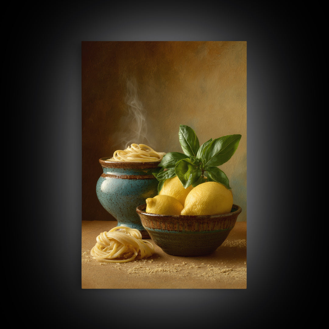 Pasta Lemons and Basil Mediterranean Still Life Framed Canvas Print, Kitchen Art, Kitchen Decor, Kitchen, Trendy Wall Art, KIT-2x3-97