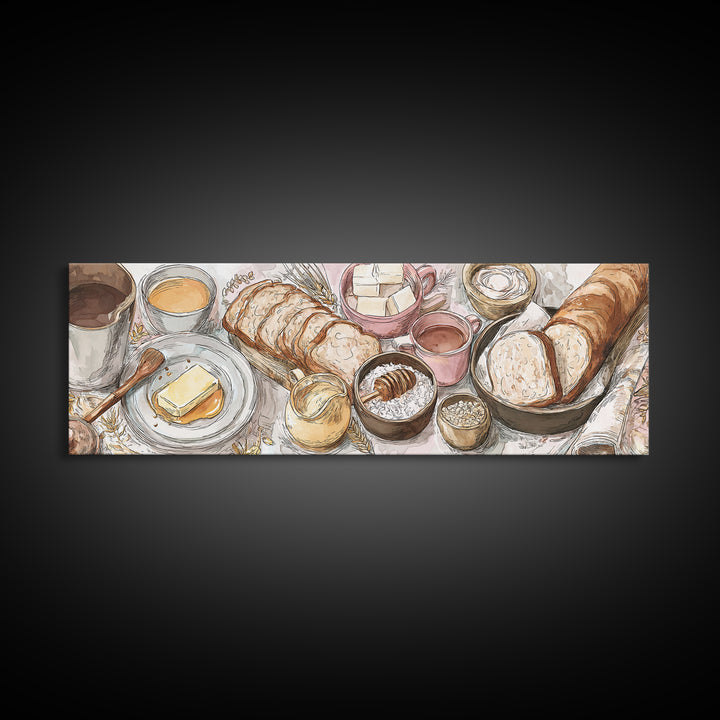 Fresh Bread with Butter and Honey Framed Canvas Print, Kitchen Art, Home Decor, Kitchen Decor, Fine Art, Kitchen, Digital Print, KIT-3x1-10