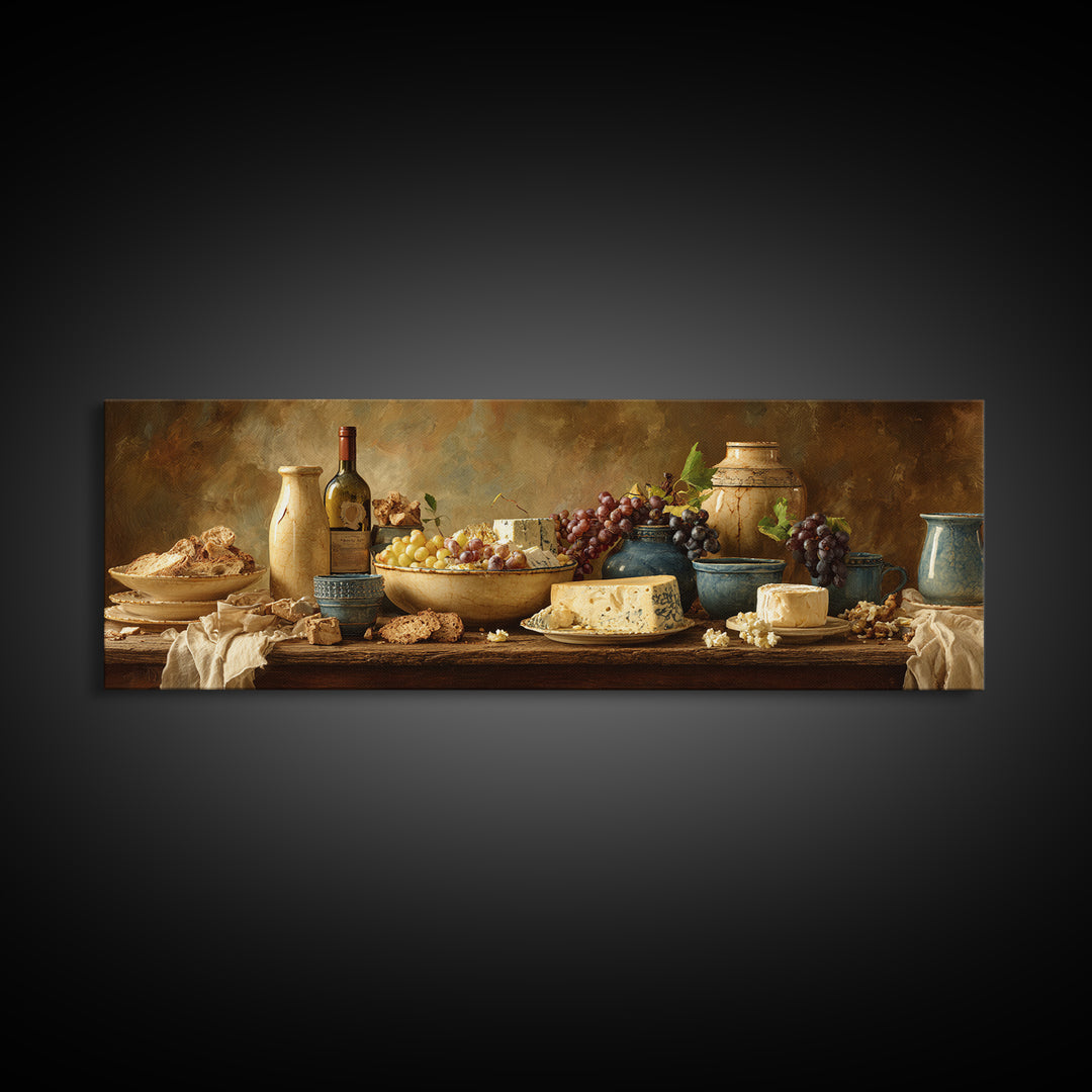 Wine Bottle Grapes and Cheese Still Life Canvas Print, Kitchen Art, Modern Decor, Kitchen Decor, Abstract Art, Kitchen, KIT-3x1-100