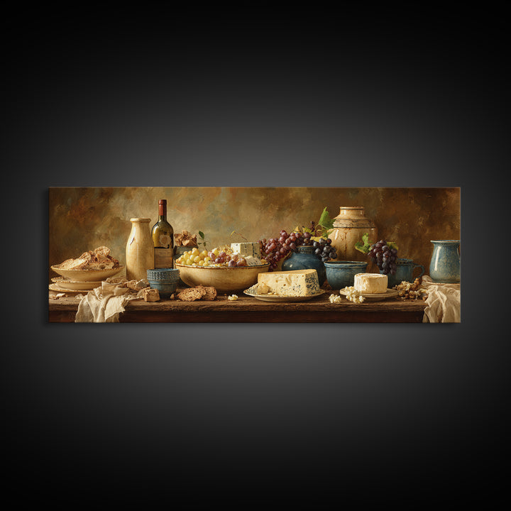 Wine Bottle Grapes and Cheese Still Life Canvas Print, Kitchen Art, Modern Decor, Kitchen Decor, Abstract Art, Kitchen, KIT-3x1-100