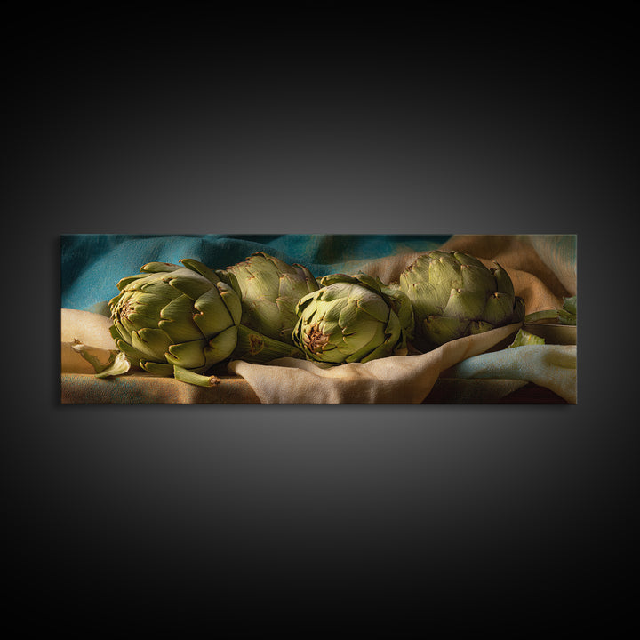 Artichoke Closeup in Painterly Green Tones Framed Canvas Print, Kitchen Art, Trendy Wall Art, Kitchen Decor, Fine Art, Kitchen, KIT-3x1-12