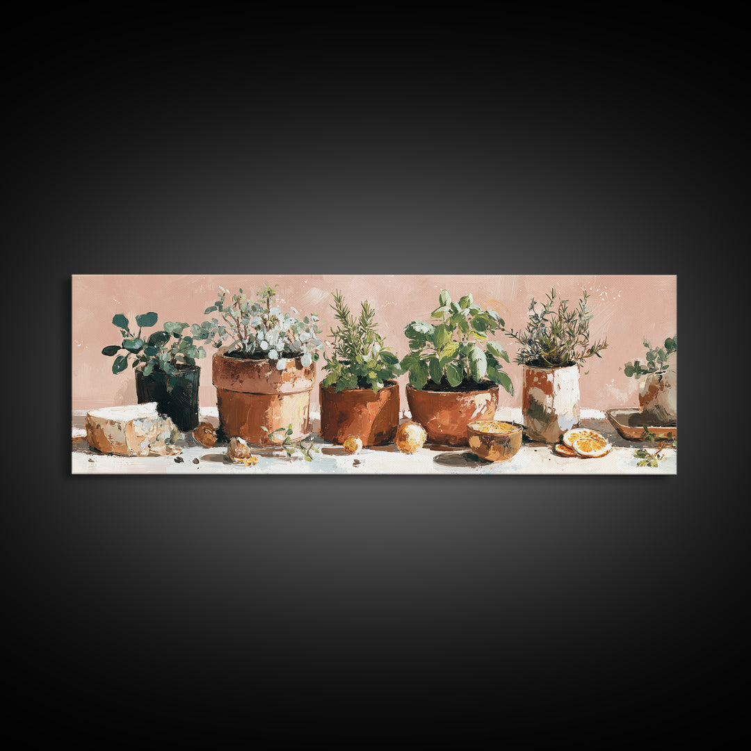 Fresh Herbs in Terracotta Pots Framed Canvas Print, Kitchen Art, Kitchen Wall Decor, Kitchen Decor, Fine Art, Kitchen, KIT-3x1-17