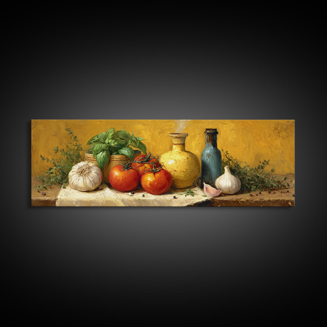 Tomatoes Garlic and Basil on Linen Canvas Print, Kitchen Art, Statement Artwork, Kitchen Decor, Abstract Art, Kitchen, KIT-3x1-19