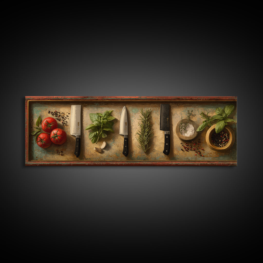 Chef Knives and Herbs Arranged as Graphic Framed Canvas Print, Kitchen Art, Prints, Kitchen Decor, Fine Art, Kitchen, KIT-3x1-2