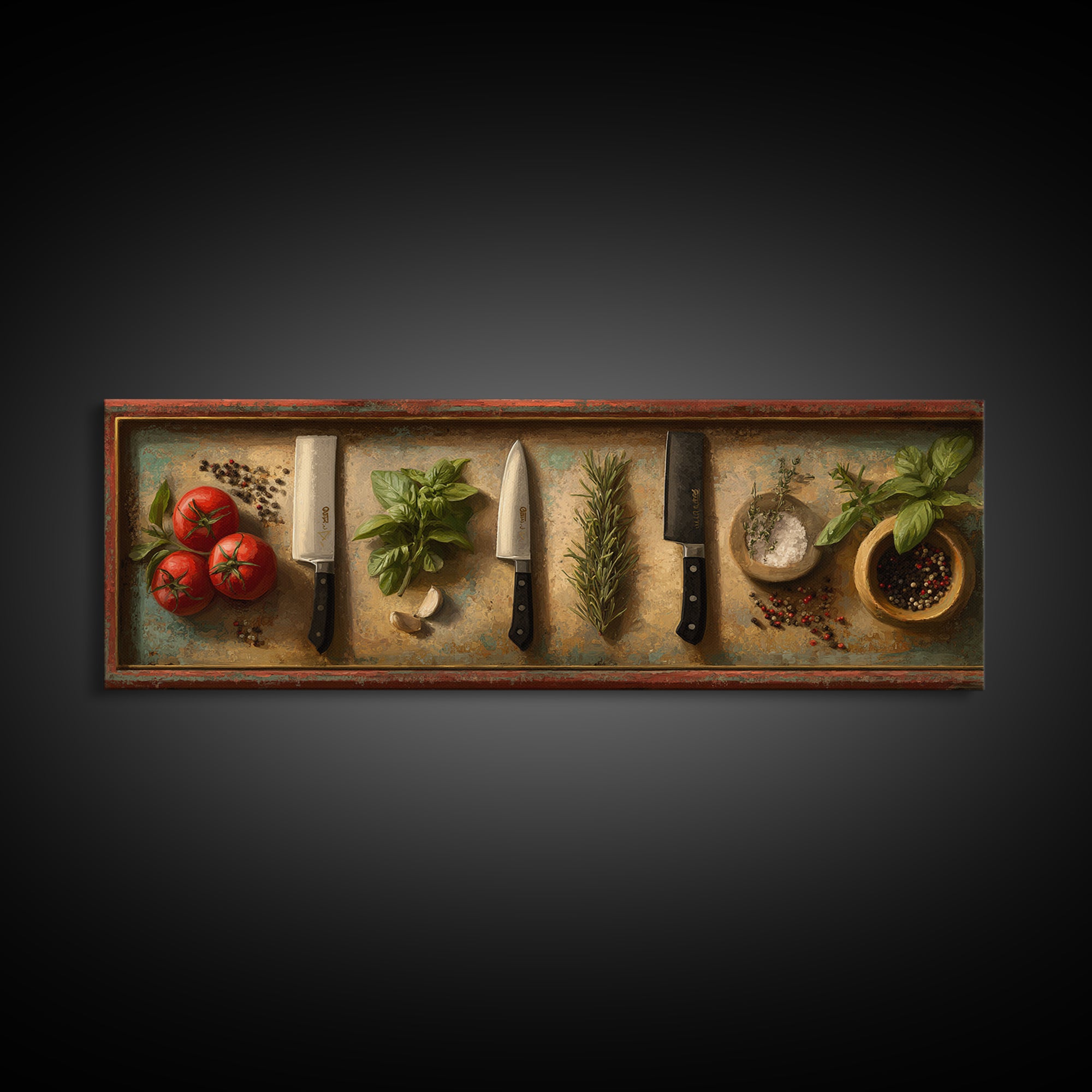 Chef Knives and Herbs Arranged as Graphic Framed Canvas Print, Kitchen Art, Prints, Kitchen Decor, Fine Art, Kitchen, KIT-3x1-2