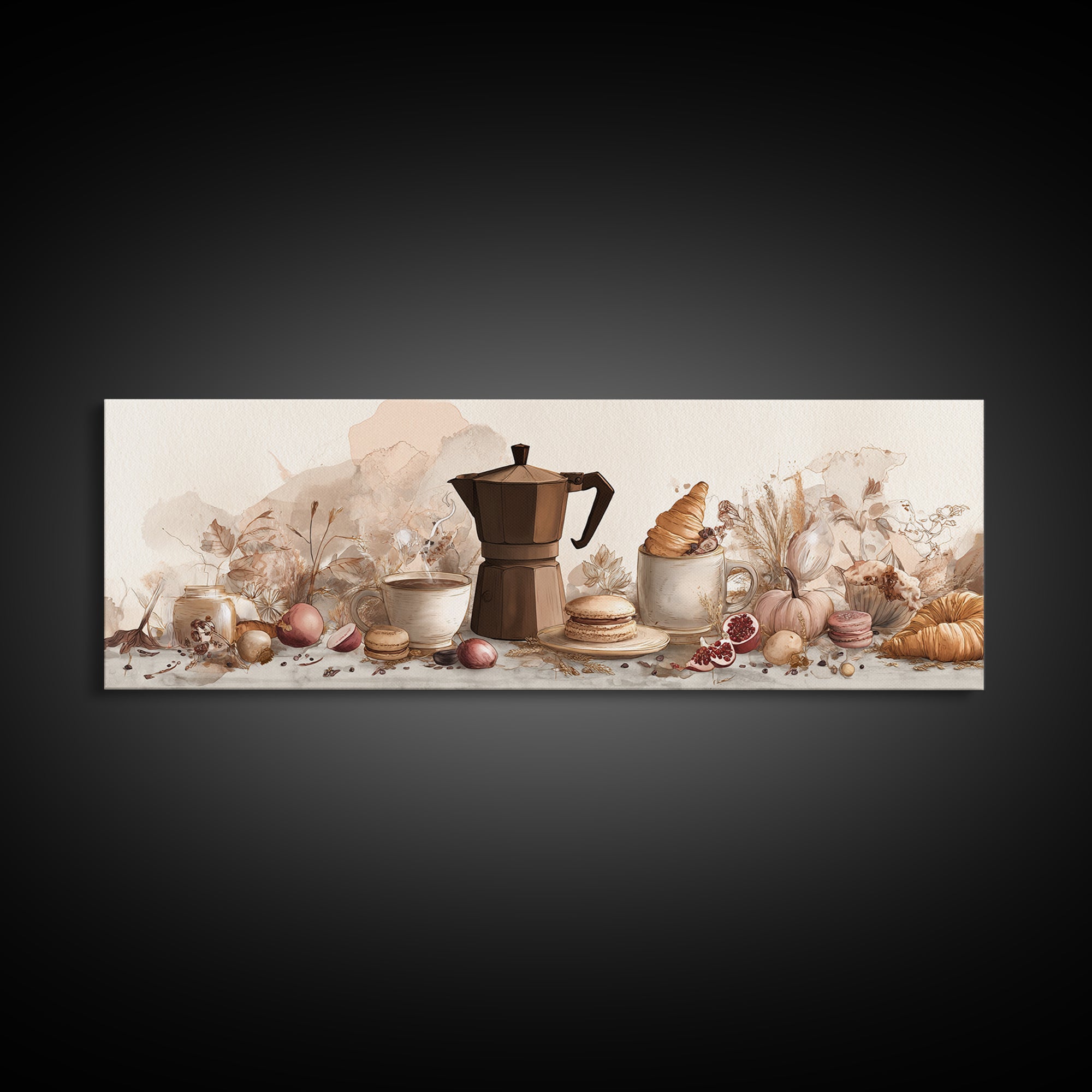 Coffee Pot and Croissant Morning Still Life Framed Canvas Print, Kitchen Art, Boho Decor, Kitchen Decor, Fine Art, Kitchen, KIT-3x1-23