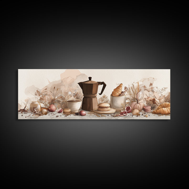 Coffee Pot and Croissant Morning Still Life Framed Canvas Print, Kitchen Art, Boho Decor, Kitchen Decor, Fine Art, Kitchen, KIT-3x1-23