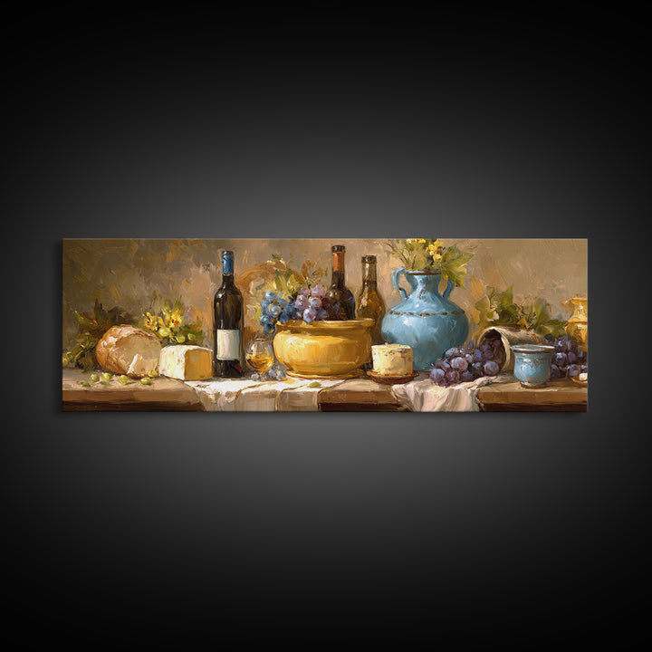 Wine Bottle Grapes and Cheese Still Life Framed Canvas Print, Kitchen Art, Coffee Print, Kitchen Decor, Oil Painting, Kitchen, KIT-3x1-28