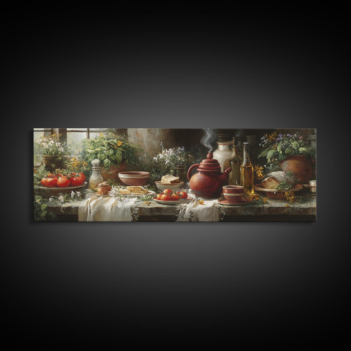Tea Kettle with Steam and Wildflowers Canvas Print, Kitchen Art, Wall Art, Kitchen Decor, Watercolor Art, Kitchen, KIT-3x1-30