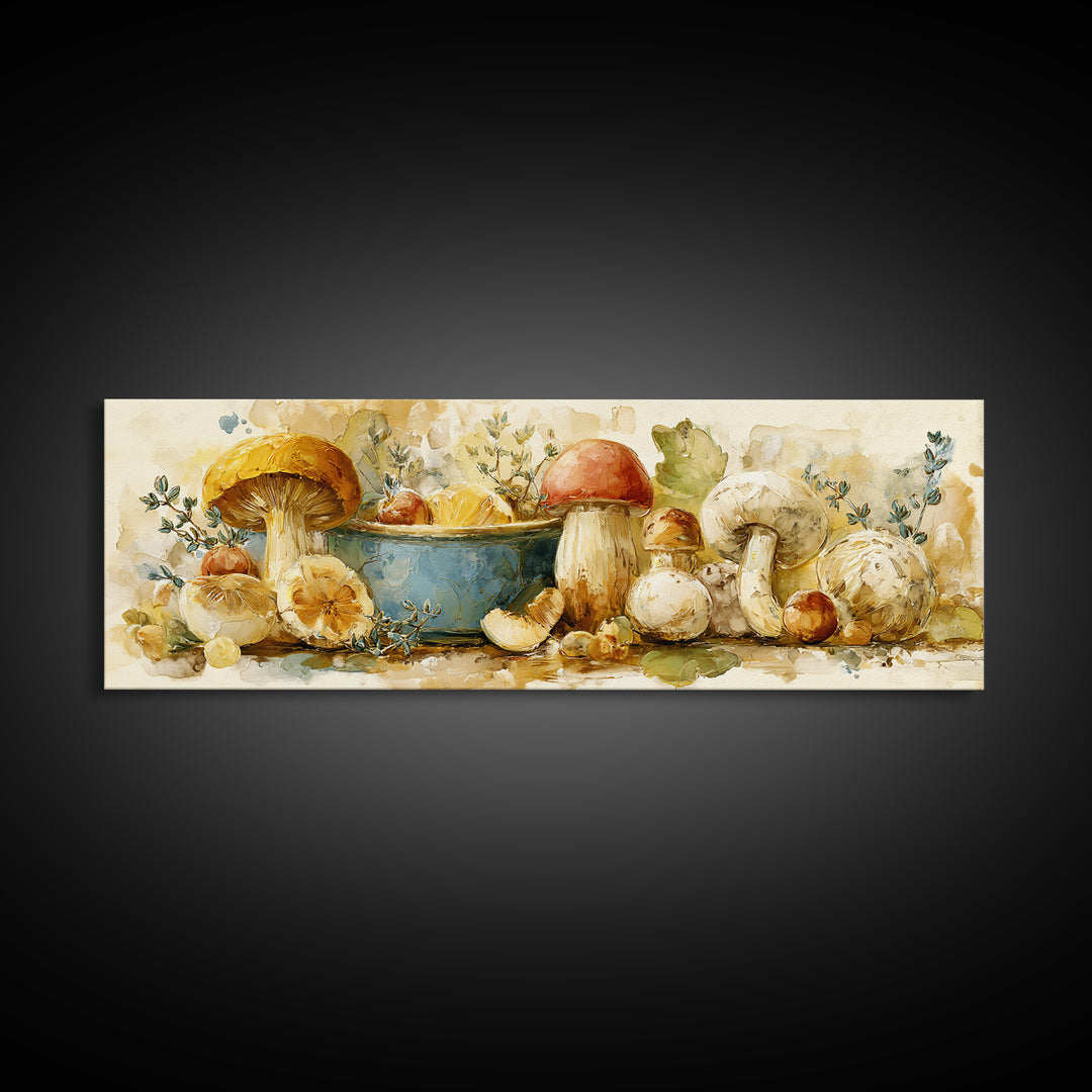 Mushrooms and Thyme Botanical Study Canvas Print, Kitchen Art, Luxury Decor, Kitchen Decor, Fine Art, Kitchen, Art Prints, KIT-3x1-31