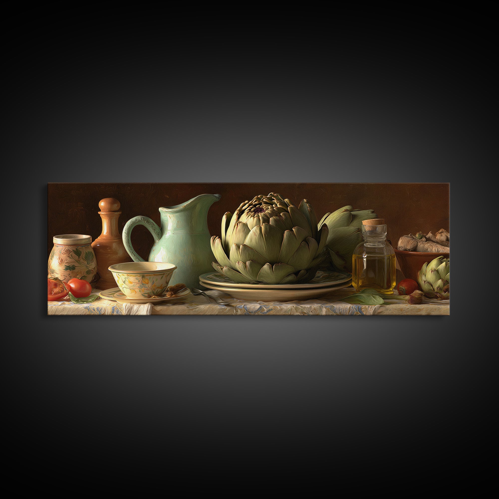 Artichoke Closeup in Painterly Green Tones Canvas Print, Kitchen Art, Bar Cart Decor, Kitchen Decor, Fine Art, Kitchen, KIT-3x1-36