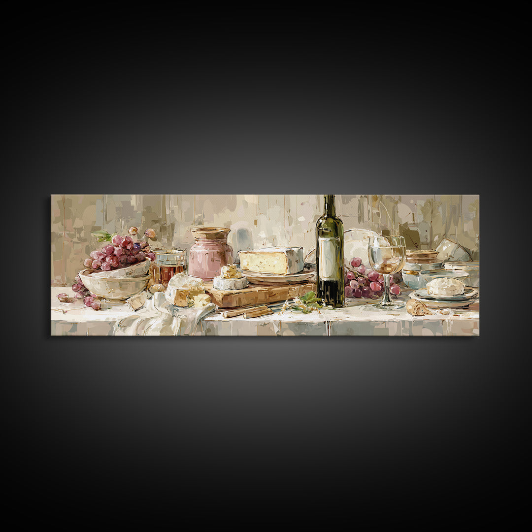 Wine Bottle Grapes and Cheese Still Life Canvas Print, Kitchen Art, Kitchen Prints, Kitchen Decor, Watercolor Art, Kitchen, KIT-3x1-4
