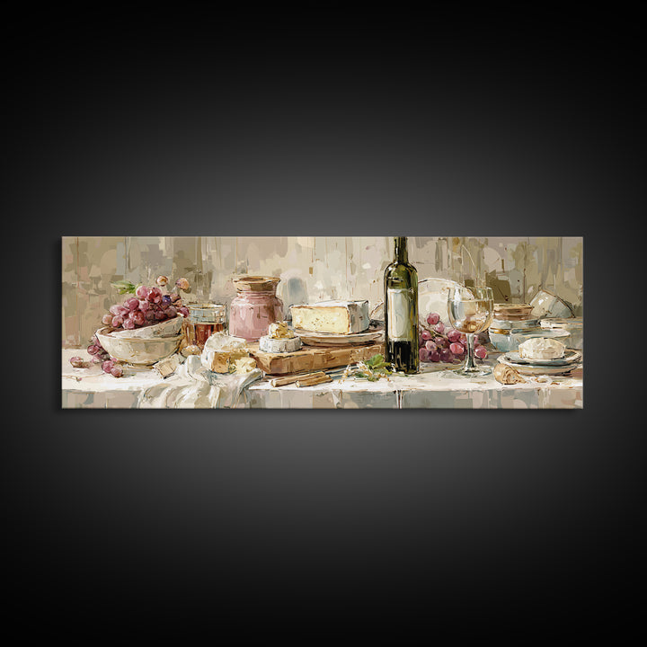 Wine Bottle Grapes and Cheese Still Life Canvas Print, Kitchen Art, Kitchen Prints, Kitchen Decor, Watercolor Art, Kitchen, KIT-3x1-4
