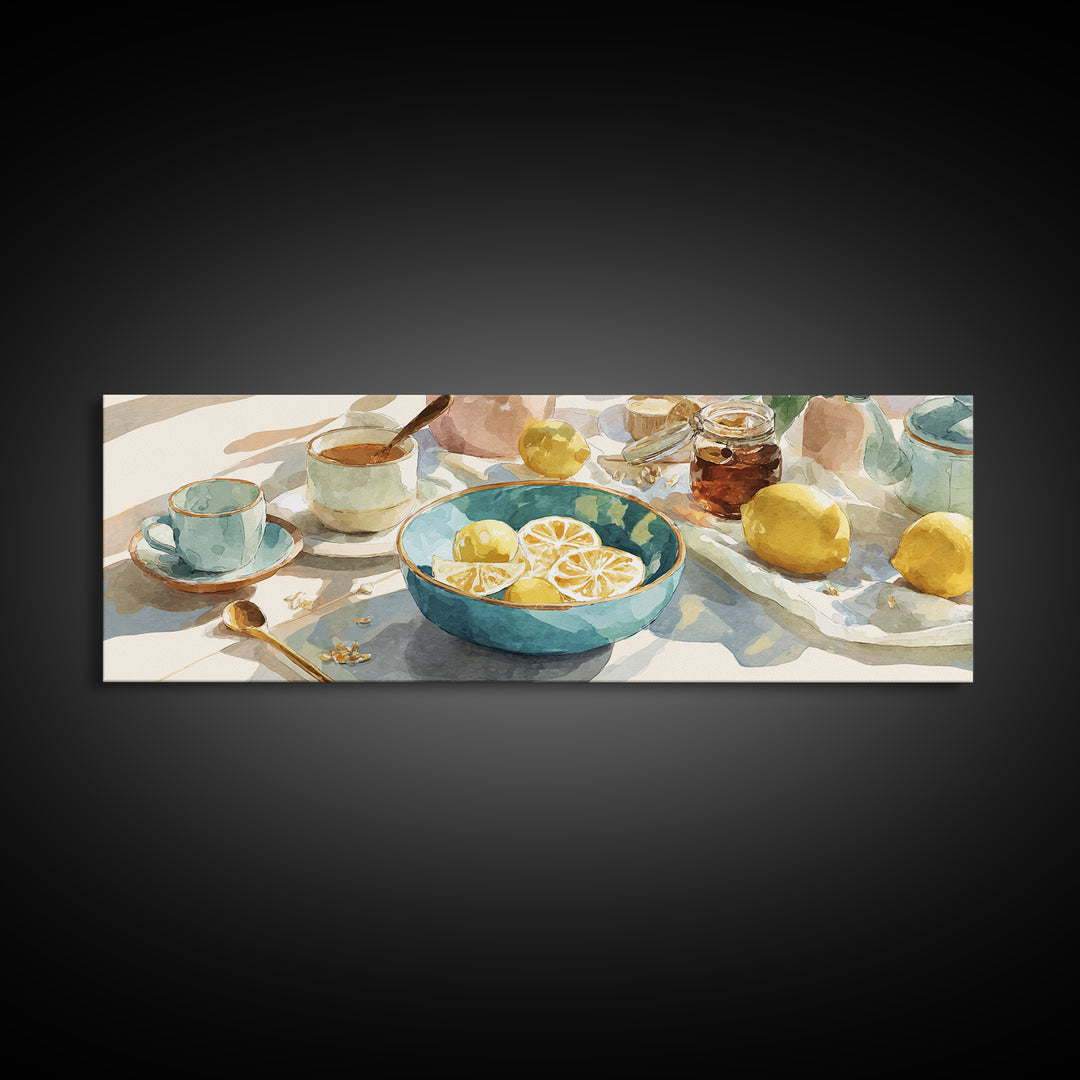 Lemons and Blue Ceramic Bowl Still Life Canvas Print, Kitchen Art, Printable Art, Kitchen Decor, Kitchen, Coffee Wall Art, KIT-3x1-42