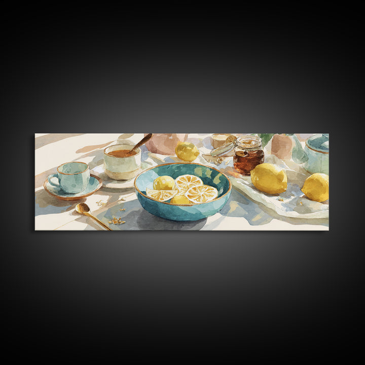 Lemons and Blue Ceramic Bowl Still Life Canvas Print, Kitchen Art, Printable Art, Kitchen Decor, Kitchen, Coffee Wall Art, KIT-3x1-42
