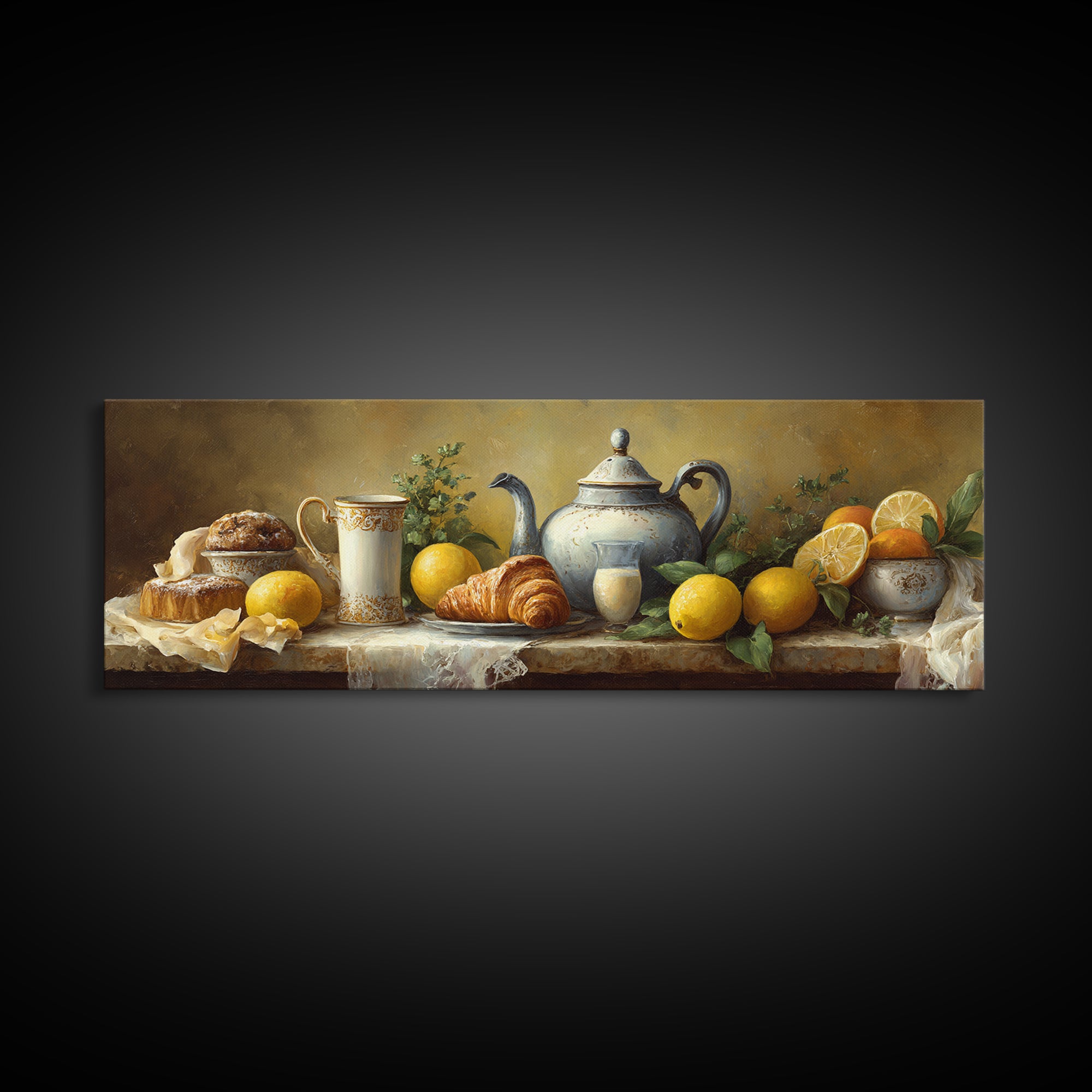 Coffee Pot and Croissant Morning Still Life Framed Canvas Print, Kitchen Art, Kitchen, Kitchen Decor, Oil Painting, Kitchen, KIT-3x1-47