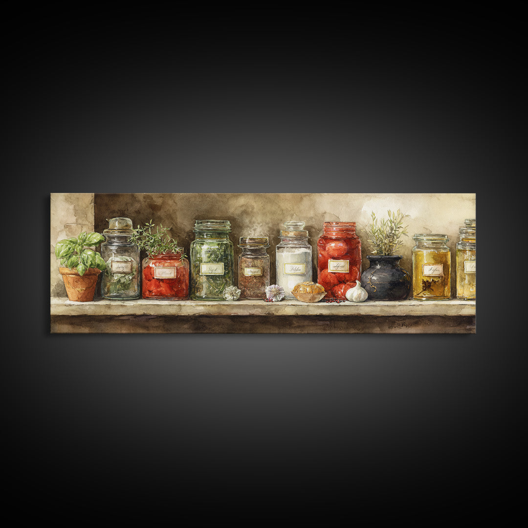 Watercolor Spice Jars Without Readable Labels Canvas Print, Kitchen Art, Kitchen Decor, Kitchen, Kitchen Art Print, KIT-3x1-5