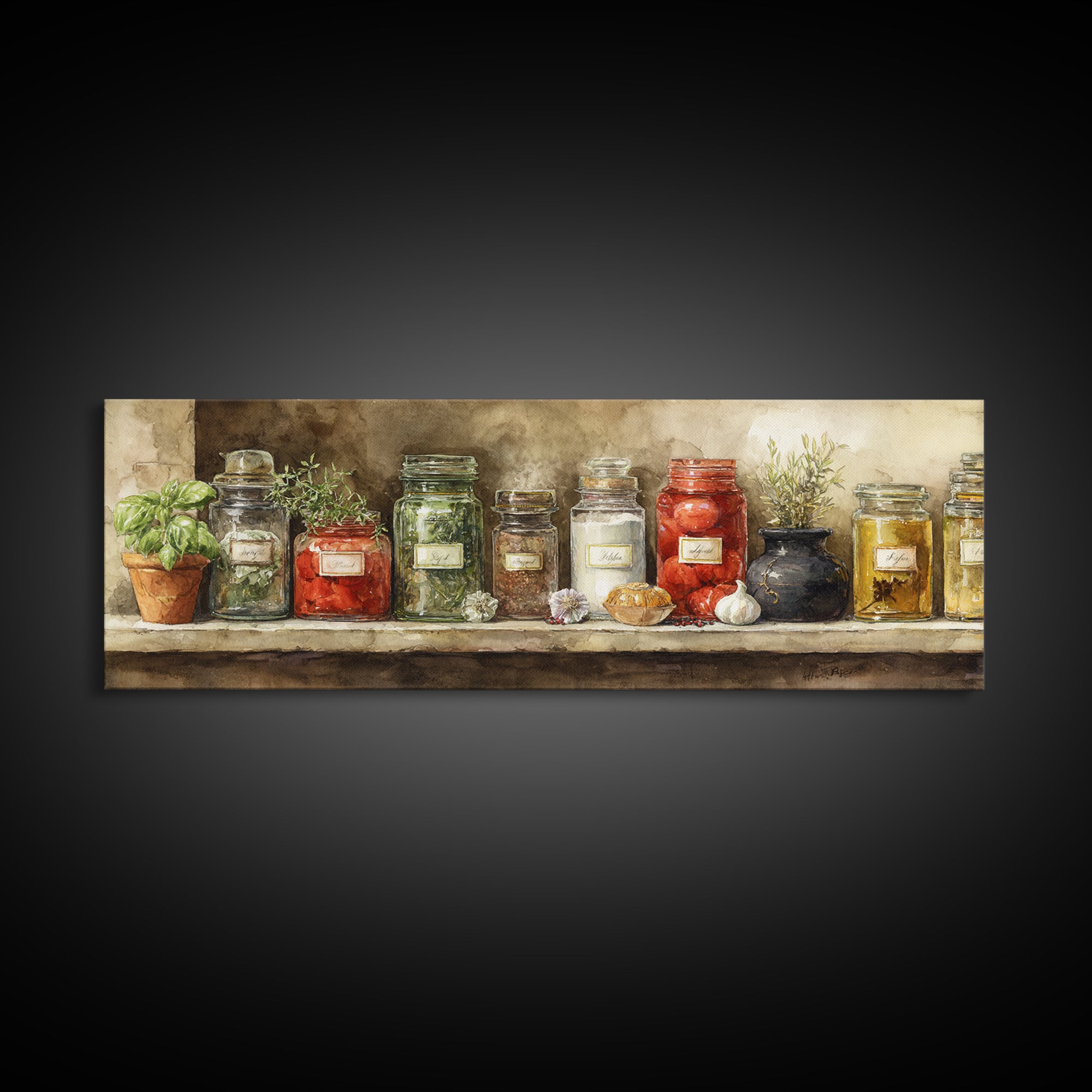 Watercolor Spice Jars Without Readable Labels Canvas Print, Kitchen Art, Kitchen Decor, Kitchen, Kitchen Art Print, KIT-3x1-5