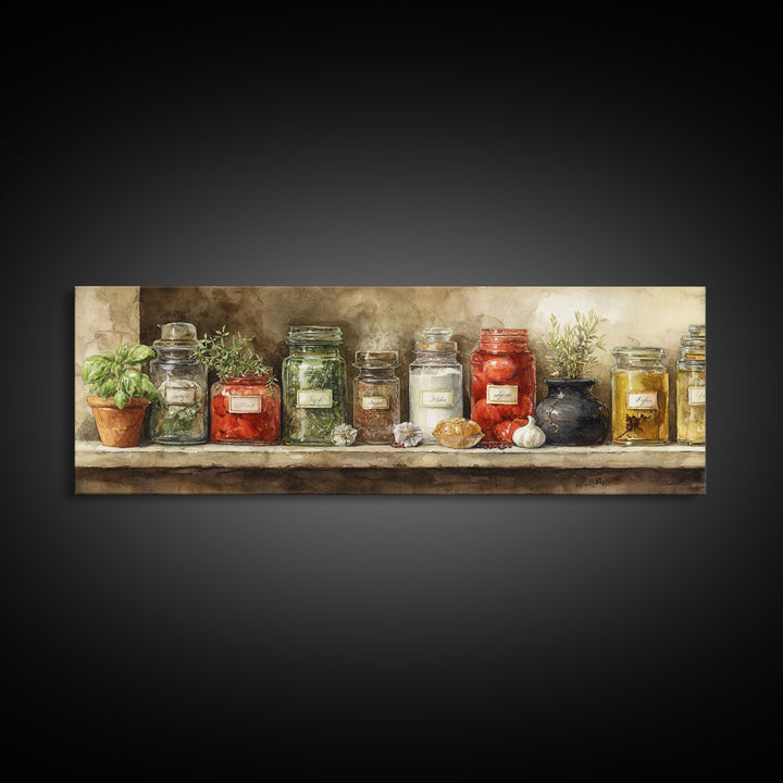 Watercolor Spice Jars Without Readable Labels Canvas Print, Kitchen Art, Kitchen Decor, Kitchen, Kitchen Art Print, KIT-3x1-5