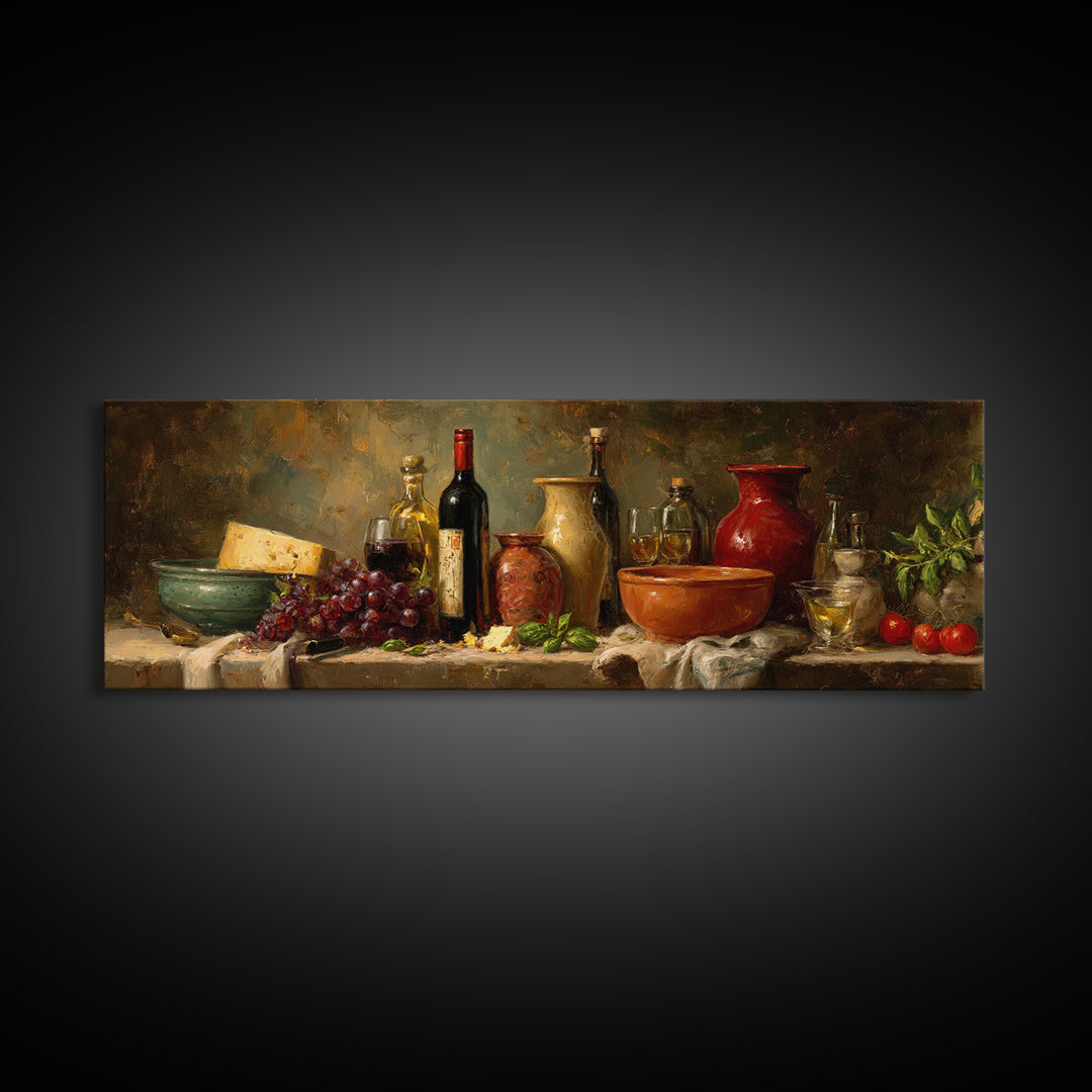 Wine Bottle Grapes and Cheese Still Life Framed Canvas Print, Kitchen Art, Room Decor, Kitchen Decor, Abstract Art, Kitchen, KIT-3x1-52