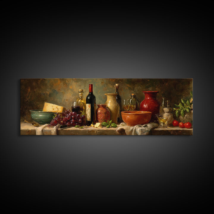 Wine Bottle Grapes and Cheese Still Life Framed Canvas Print, Kitchen Art, Room Decor, Kitchen Decor, Abstract Art, Kitchen, KIT-3x1-52