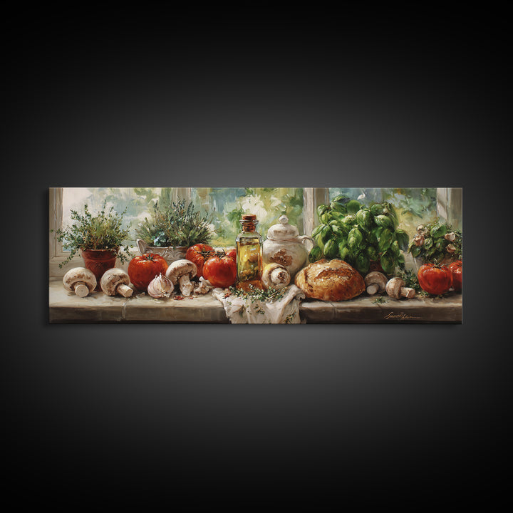 Mushrooms and Thyme Botanical Study Framed Canvas Print, Kitchen Art, Contemporary Art, Kitchen Decor, Oil Painting, Kitchen, KIT-3x1-55