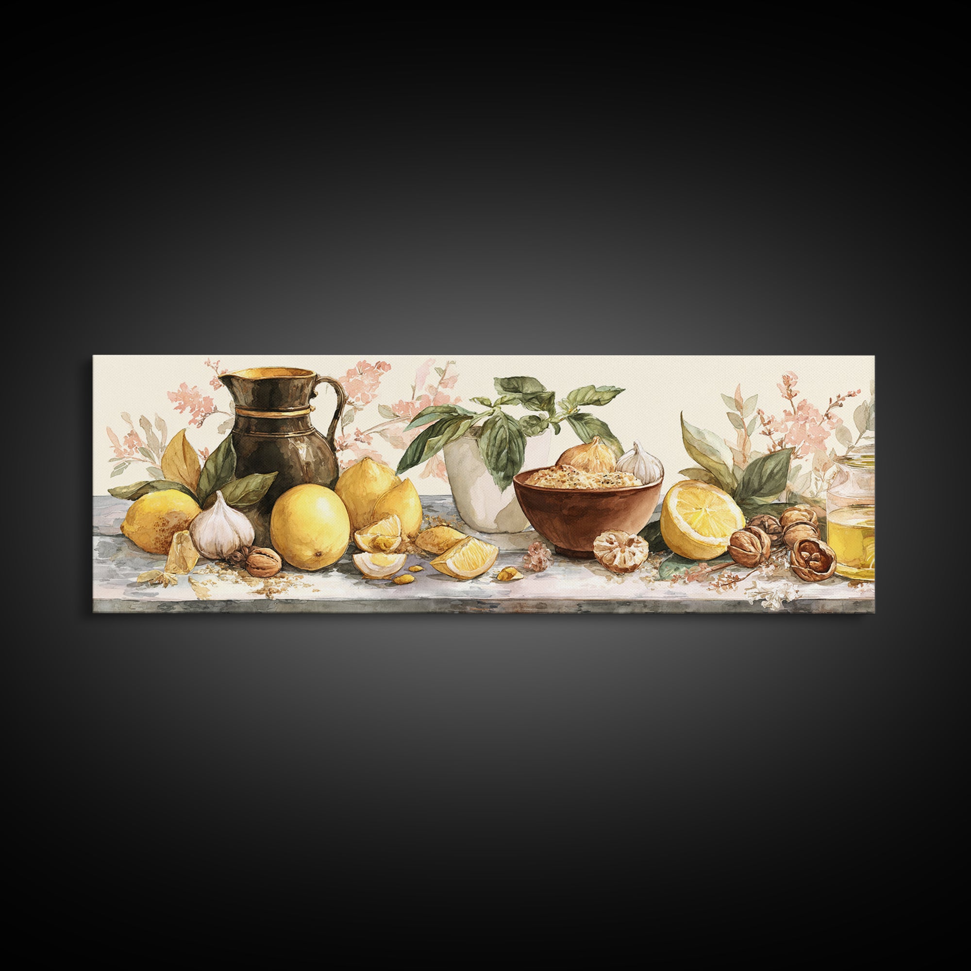 Pasta Lemons and Basil Mediterranean Still Life Framed Canvas Print, Kitchen Art, Coffee Art, Kitchen Decor, Fine Art, Kitchen, KIT-3x1-57