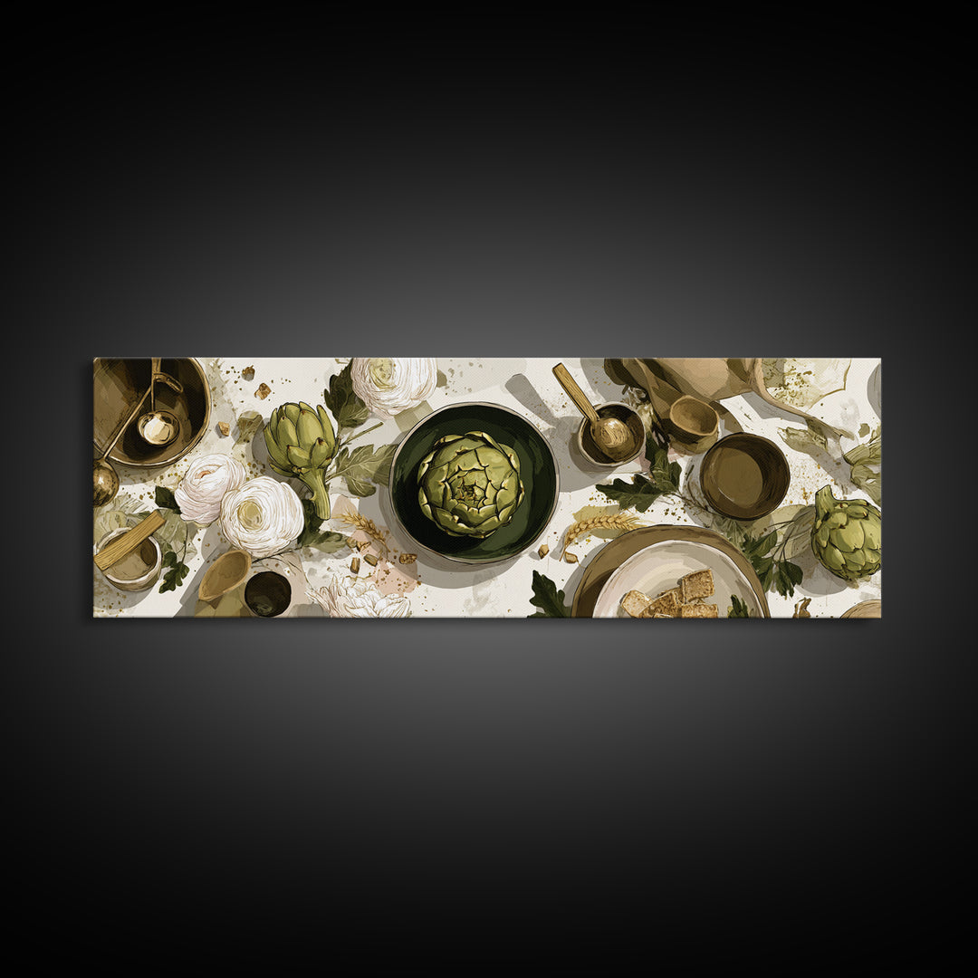 Artichoke Closeup in Painterly Green Tones Framed Canvas Print, Kitchen Art, Boho Decor, Kitchen Decor, Fine Art, Kitchen, KIT-3x1-60