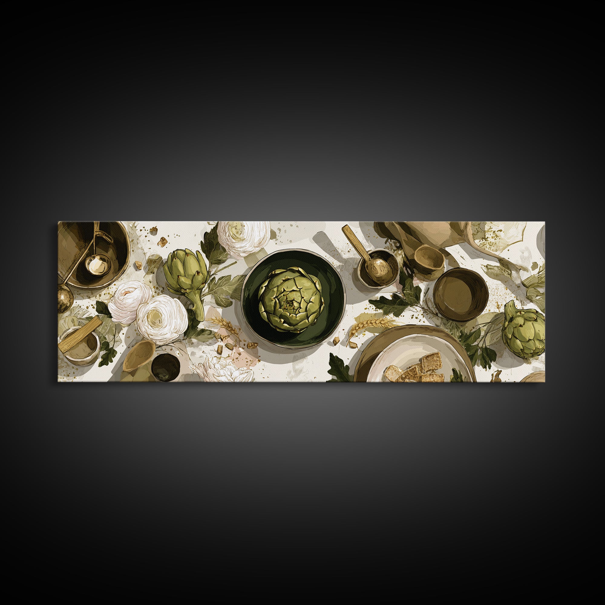Artichoke Closeup in Painterly Green Tones Framed Canvas Print, Kitchen Art, Boho Decor, Kitchen Decor, Fine Art, Kitchen, KIT-3x1-60