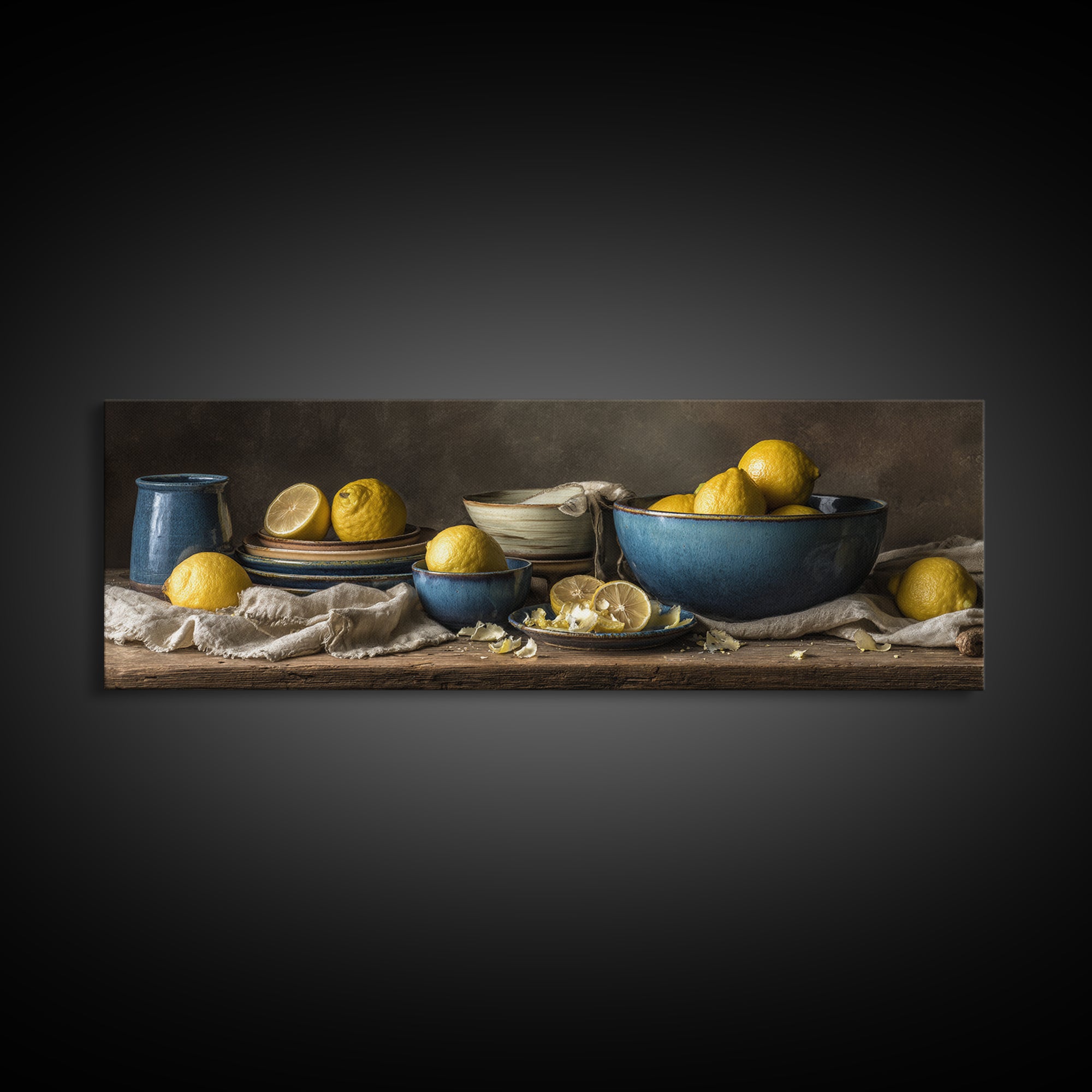 Lemons and Blue Ceramic Bowl Still Life Canvas Print, Kitchen Art, Printable Art, Kitchen Decor, Kitchen, Coffee Wall Art, KIT-3x1-66
