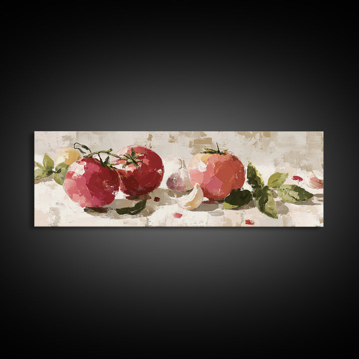 Tomatoes Garlic and Basil on Linen Framed Canvas Print, Kitchen Art, Digital Art, Kitchen Decor, Kitchen, Minimalist Wall Art, KIT-3x1-67