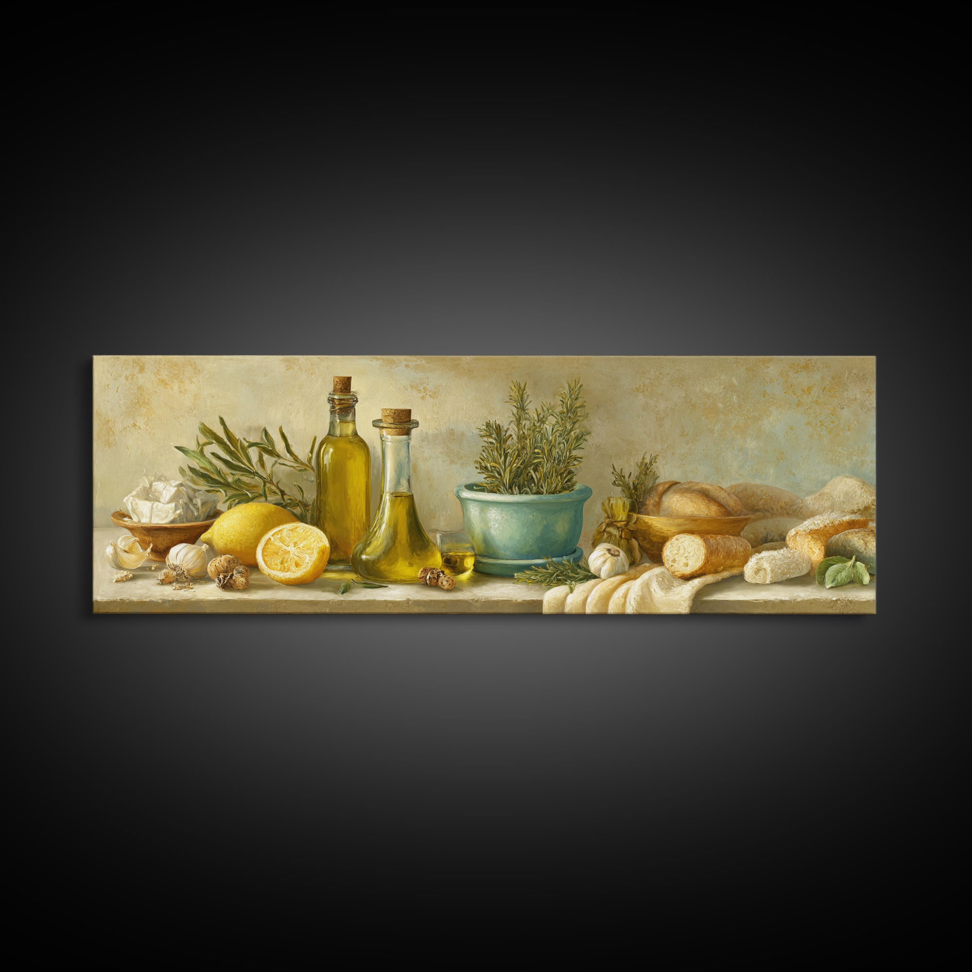 Olive Oil Bottle and Rosemary Branch Framed Canvas Print, Kitchen Art, Trendy Wall Art, Kitchen Decor, Fine Art, Kitchen, KIT-3x1-69