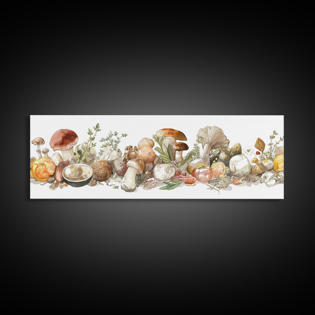 Mushrooms and Thyme Botanical Study Framed Canvas Print, Kitchen Art, Neutral Decor, Kitchen Decor, Fine Art, Kitchen, KIT-3x1-7