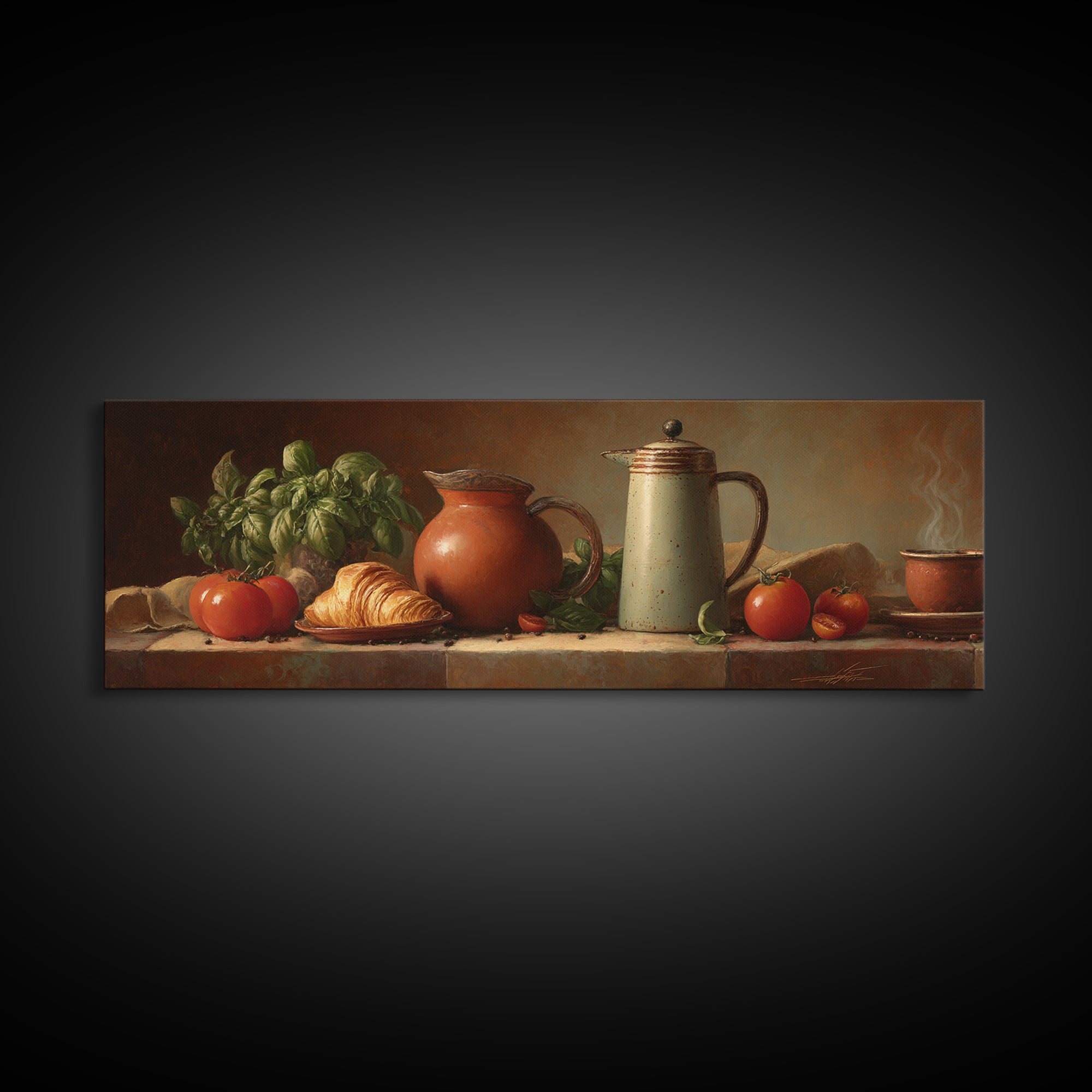 Coffee Pot and Croissant Morning Still Life Canvas Print, Kitchen Art, Printable Wall Art, Kitchen Decor, Fine Art, Kitchen, KIT-3x1-71