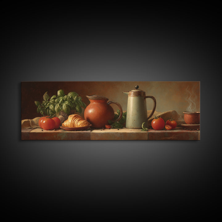 Coffee Pot and Croissant Morning Still Life Canvas Print, Kitchen Art, Printable Wall Art, Kitchen Decor, Fine Art, Kitchen, KIT-3x1-71