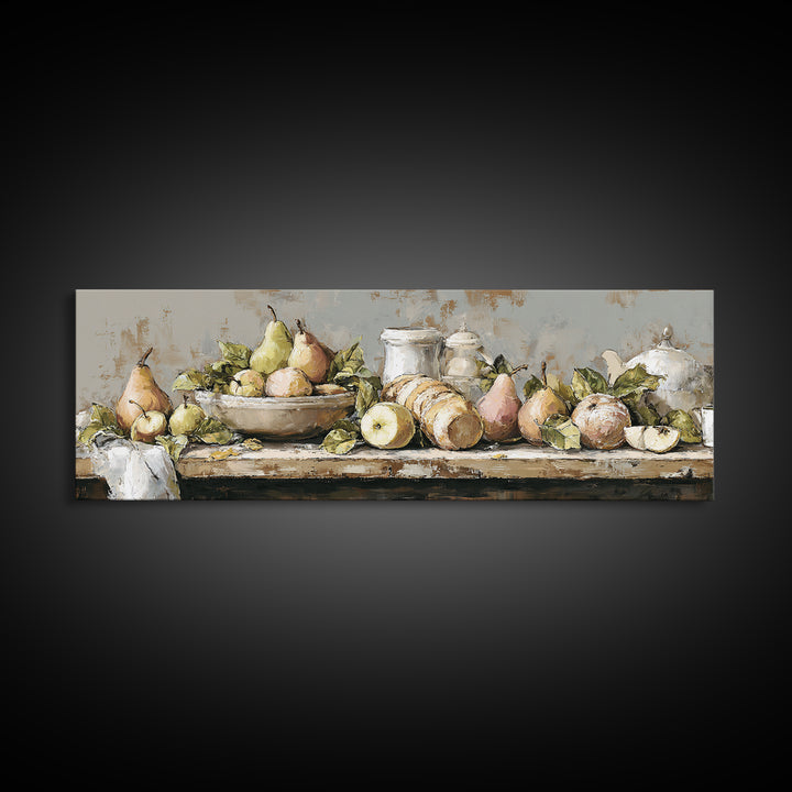 Farmhouse Pears on a Wooden Board Framed Canvas Print, Kitchen Art, Dining Room Wall Art, Kitchen Decor, Fine Art, Kitchen, KIT-3x1-73