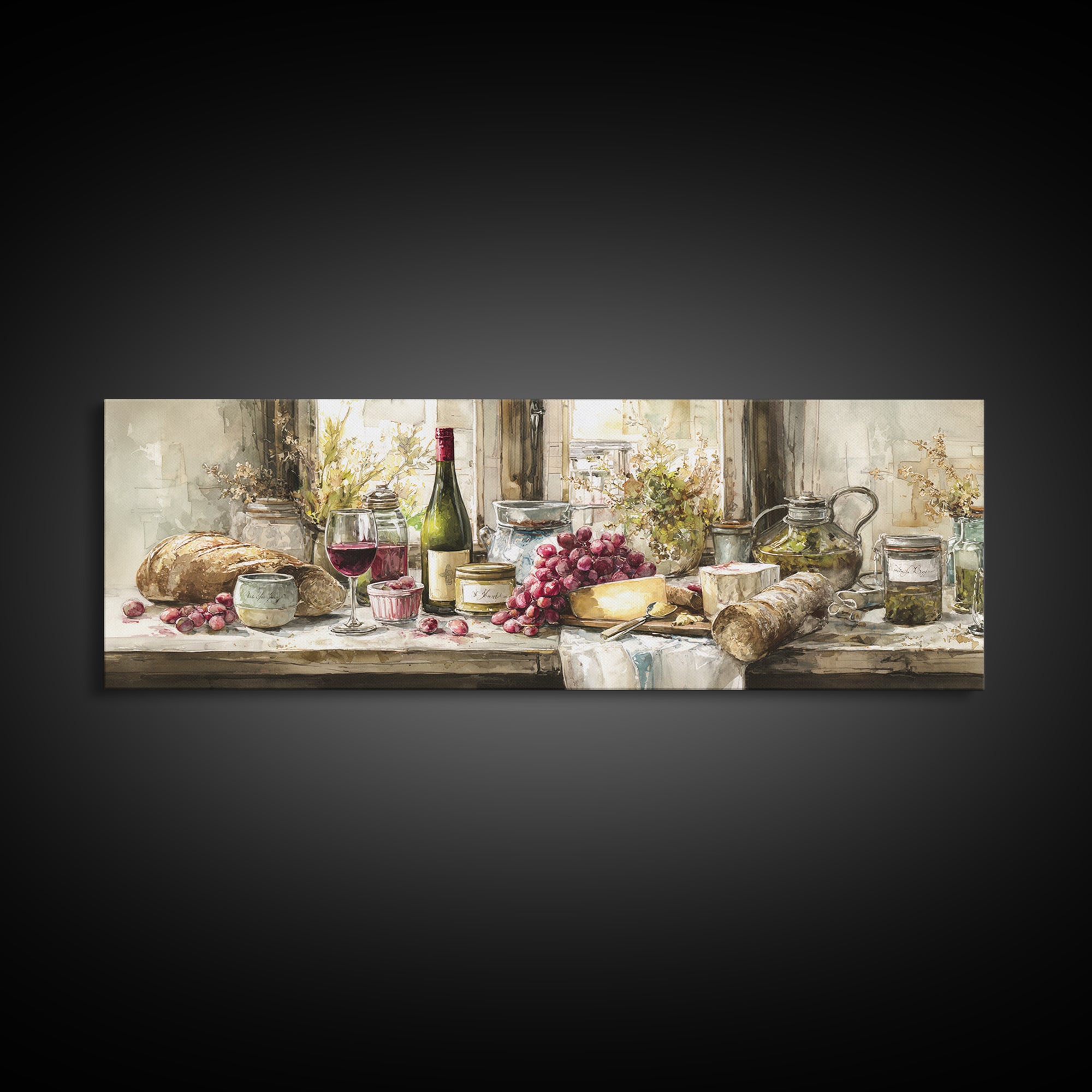 Wine Bottle Grapes and Cheese Still Life Canvas Print, Kitchen Art, Home Decor, Kitchen Decor, Fine Art, Kitchen, Digital Print, KIT-3x1-76